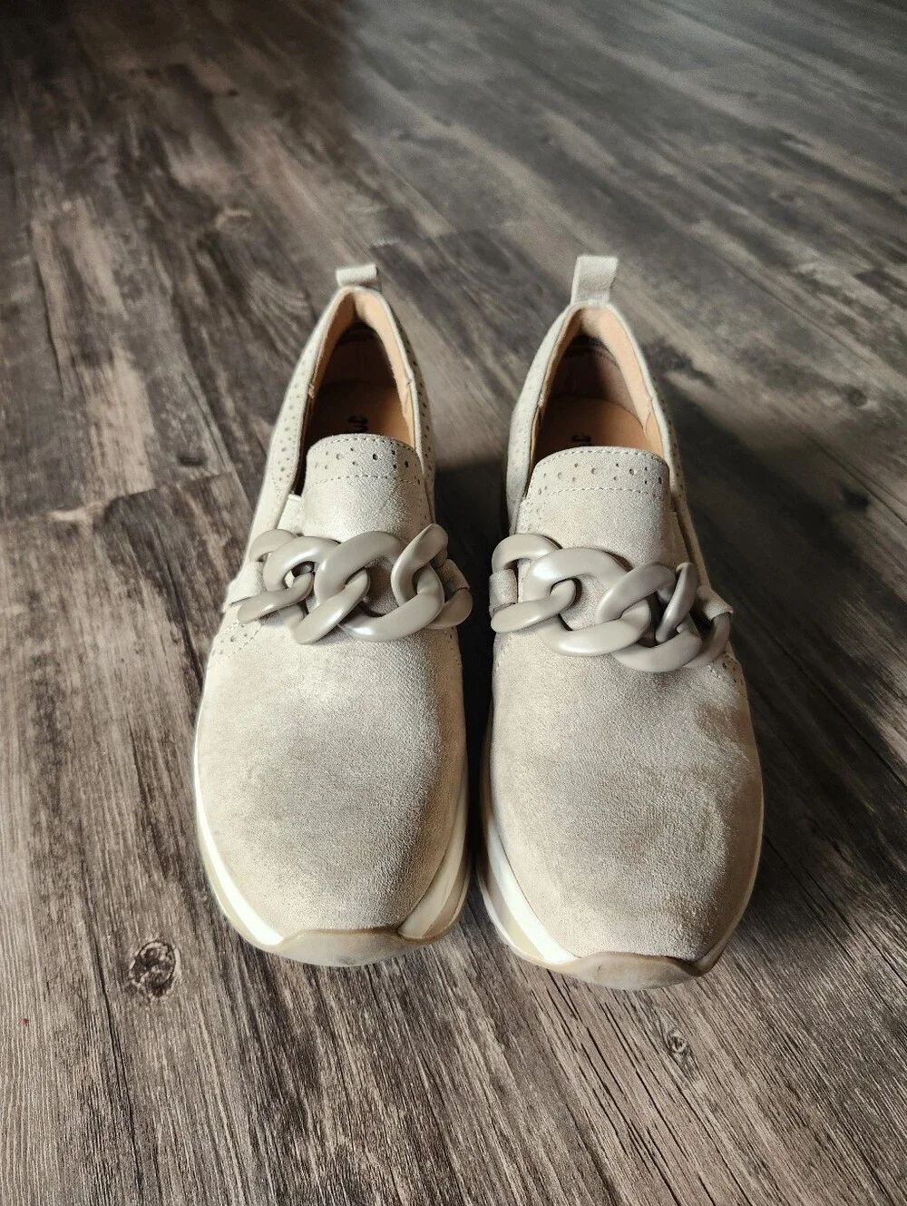 Mad Love Beige Platform Slip-On Shoes with Decorative Chain